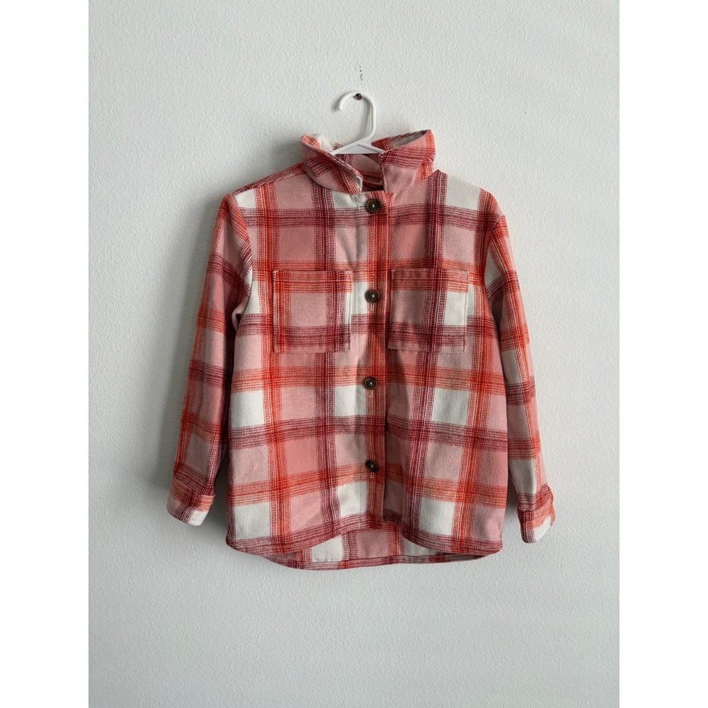 Old Navy Girls Pink Orange Plaid Flannel Shacket Shirt Jacket Size L 10-12